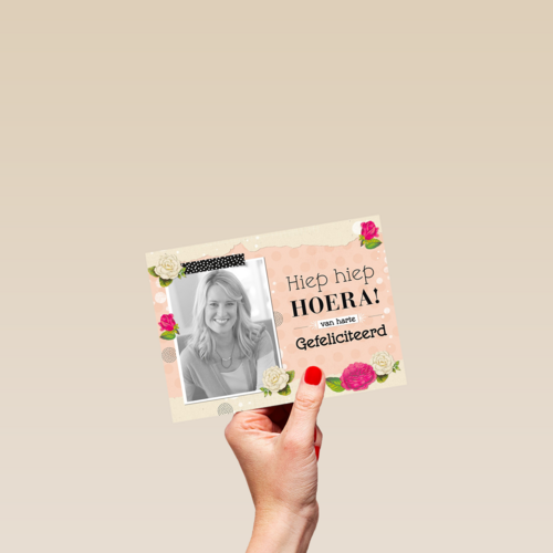 fotokaart hiep hiep hoera van harte gefeliciteerd  roosjes