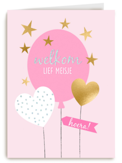 babykaart dochter welkom lief meisje roze ballon