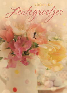 vrolijke lentegroetjes kaart met mooie bloemen in een vaas