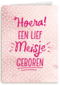 een grappig roze kaartje met de tekst hoera een lief meisje geboren