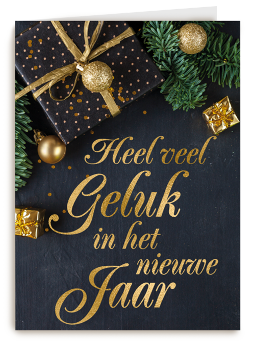 nieuwjaarskaart met gouden tekst en cadeaus