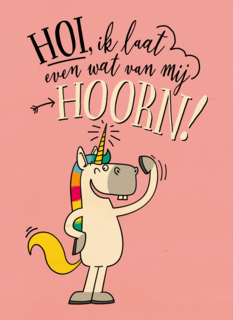 verjaardagskaart unicorn hoi ik laat even wat van mij hoorn