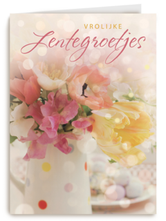 vrolijke lentegroetjes kaart met mooie bloemen in een vaas