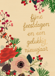 Kerstkaart klassiek bloemen en kersttak