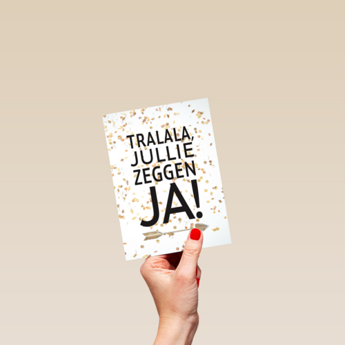 huwelijks kaart tralala jullie zeggen ja met confetti
