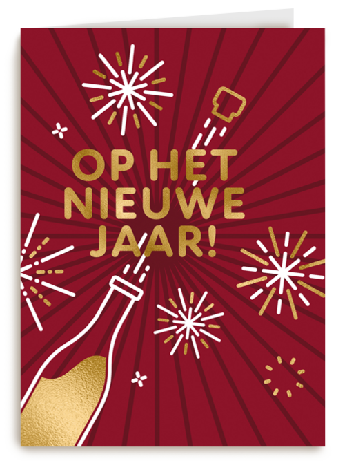 nieuwjaarskaart met fles die plopt en vuurwerk
