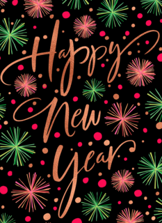 nieuwjaarskaart klassiek getekend vuurwerk happy new year