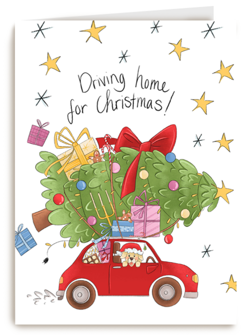 Kerstkaart matia studio kerstboom op auto