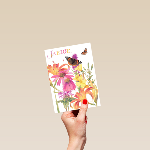 voor de jarige gekleurde bloemen en vlinders