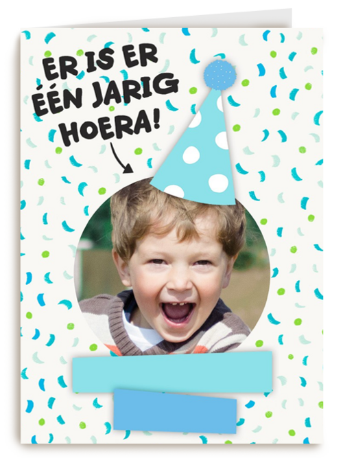 een blauwe fotokaart met feesthoed