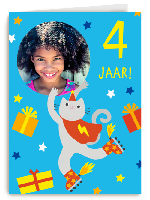 Feestende kat 4 jaar fotokaart