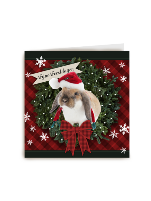 Kerstkaart konijn kerstmuts