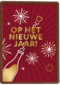 nieuwjaarskaart met fles die plopt en vuurwerk