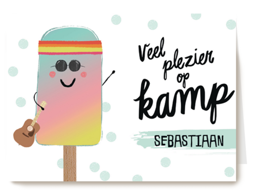 op kamp kaart met een ijsje die je veel plezier wenst