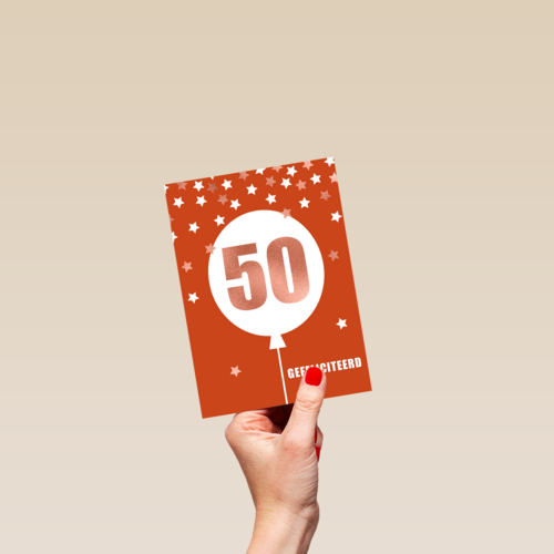 Verjaardagskaart leeftijden 50 ballon rood