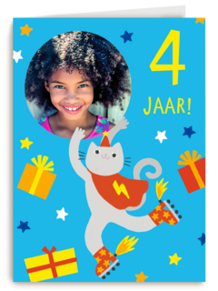 Feestende kat 4 jaar fotokaart