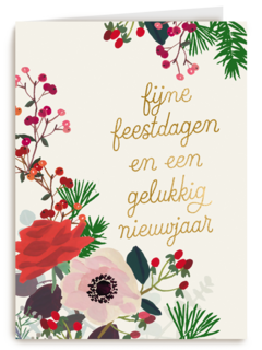 Kerstkaart klassiek bloemen en kersttak
