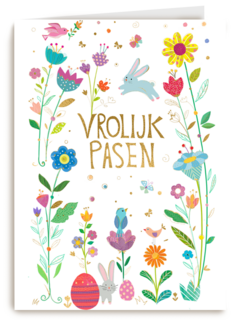 Paaskaart Vrolijk Pasen met bloemen