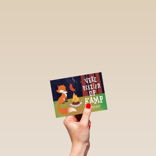op kamp kaart met een vos die je veel plezier wenst