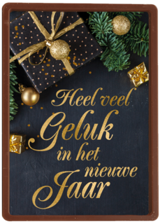 nieuwjaarskaart met gouden tekst en cadeaus