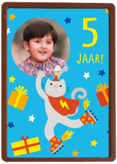 Feestende kat 5 jaar fotokaart