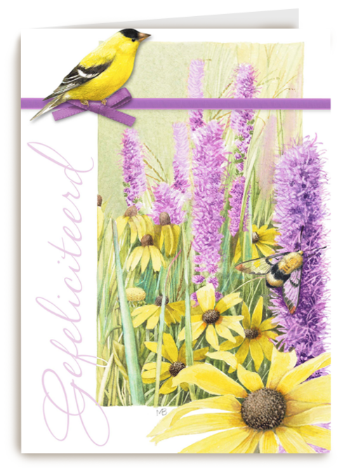 gele vogel met paarse bloemen