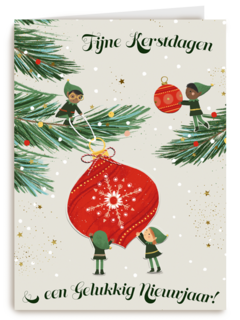 kerstkaart elven die kerstboom optuigen