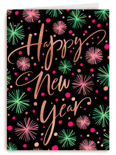 nieuwjaarskaart klassiek getekend vuurwerk happy new year
