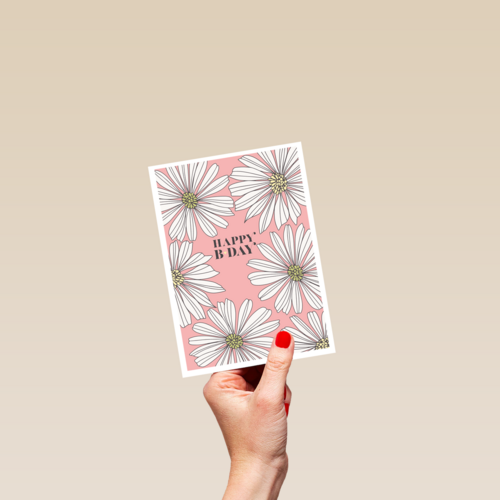 Verjaardagskaart roze met witte bloemen