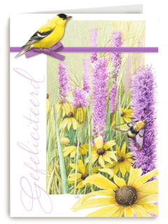 gele vogel met paarse bloemen