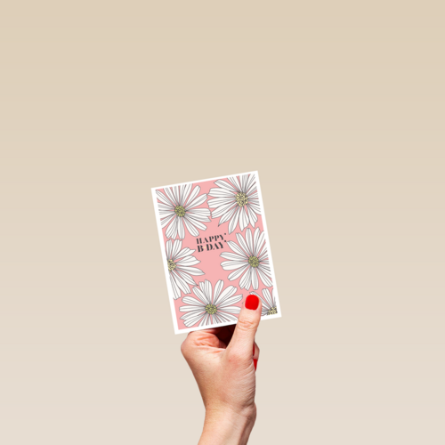 Verjaardagskaart roze met witte bloemen