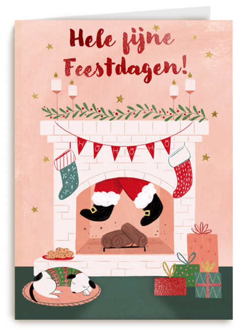 kerstkaart met kerstman in de schoorsteen