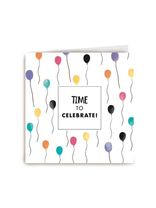 time to celebrate kaart met gekleurde vrolijke ballonnen