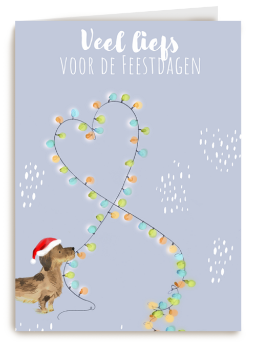 kerstkaart met hond en kerstverlichting