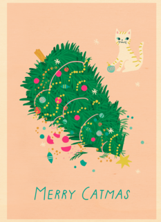 kerstkaart met kerstboom merry catmas