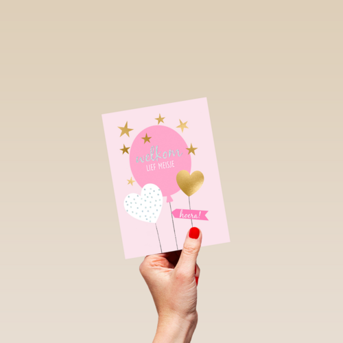 babykaart dochter welkom lief meisje roze ballon