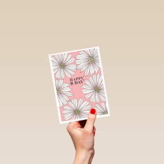 Verjaardagskaart roze met witte bloemen