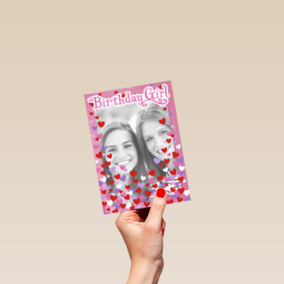 fotokaart birthday girl roze met hartjes