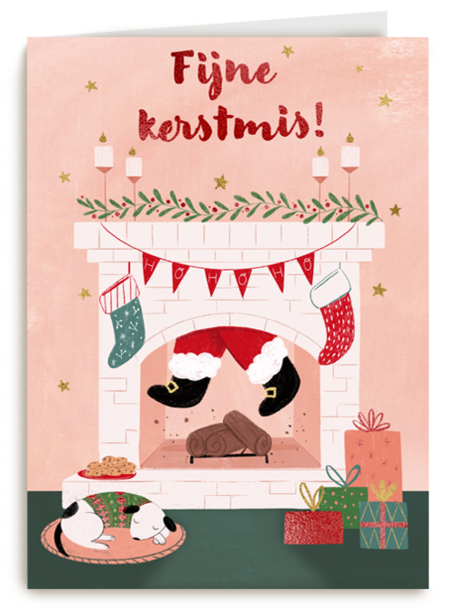 kerstkaart met kerstman in schoorsteen