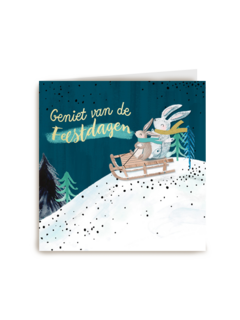 kerstkaart konijn op slee