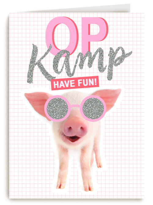 Op kamp kaart Biggetje met zonnebril have fun