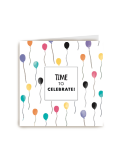 time to celebrate kaart met gekleurde vrolijke ballonnen