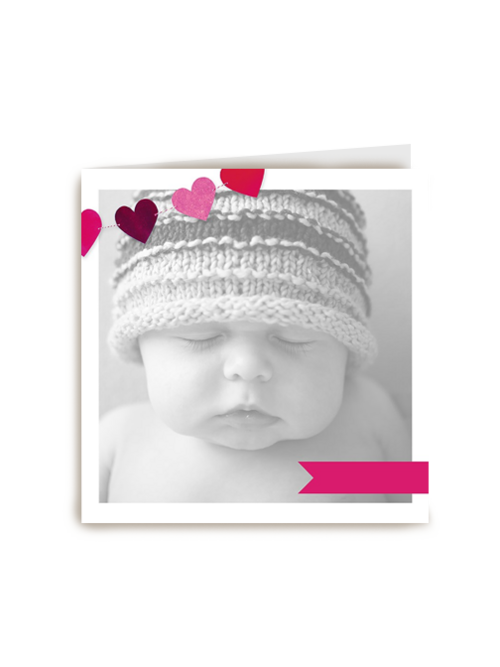 fotokaart vierkant baby kaart roze hartjes