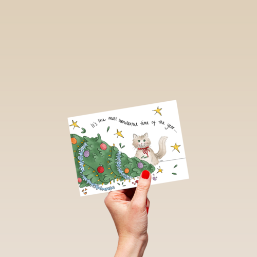 Kerstkaart grappig Kat met omgevallen kerstboom
