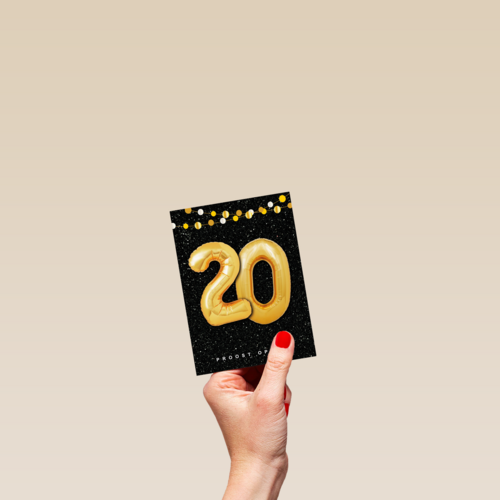 Verjaardagskaart leeftijden 20 ballonletters