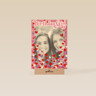 fotokaart birthday girl roze met hartjes