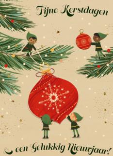 kerstkaart elven die kerstboom optuigen
