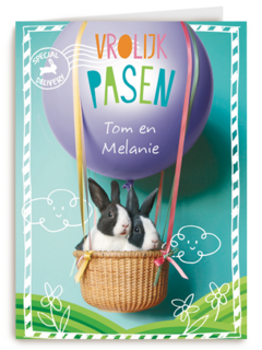 vrolijk pasen kaart met luchtballon en 2 konijnen