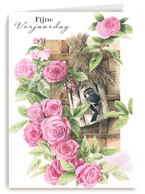 vogel in vogelhuisje tussen rozen