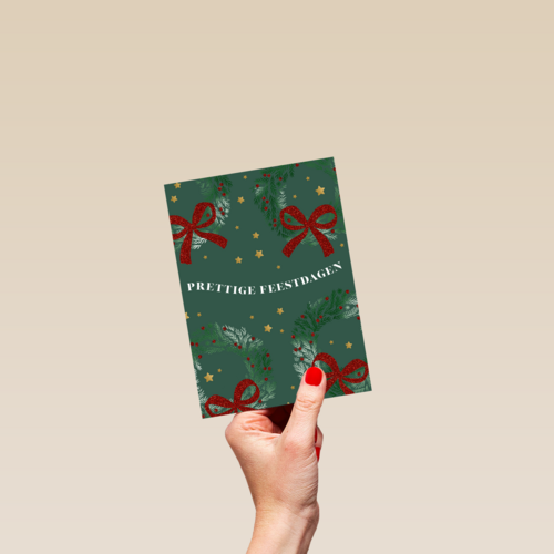kerstkaart met kerststrikken op groene achtergrond